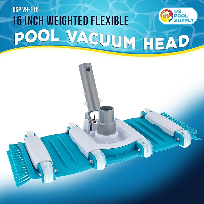 U.S. Pool Supply 16" Manual Pool Vacuum Head for Inground Pools, Side Brushes, Flexible, Weighted - Swivel Connection 1.25" or 1.5" Hoses - Cleaner Accessory Attachment, CleanDebris, Metal Pole Handle
