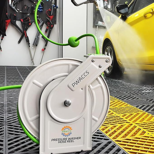 PWACCS Retractable Pressure Washer Hose Reel, Heavy Duty Power Washer Hose Reel 1/4" x 60ft, High Pressure Reel Auto Rewind, Wall/Floor Mounted, 3600 PSI