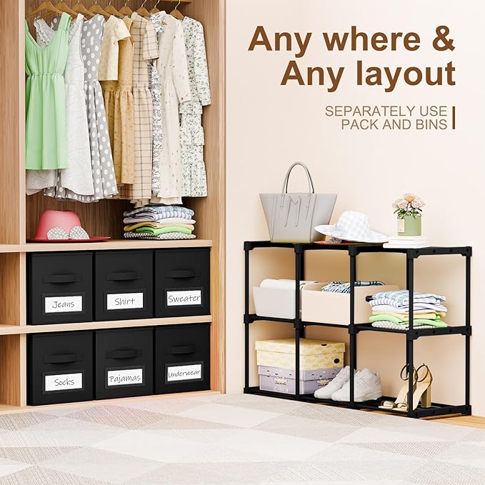 Geelin 6 Sets Cube Storage Organizer Bins with Shelf & Labels 11 Inch, Fabric Collapsible Cubby Toys Clothes Storage Drawer Unit for Daycare Nursery Playroom Bedroom Dorm Organizer (Black)