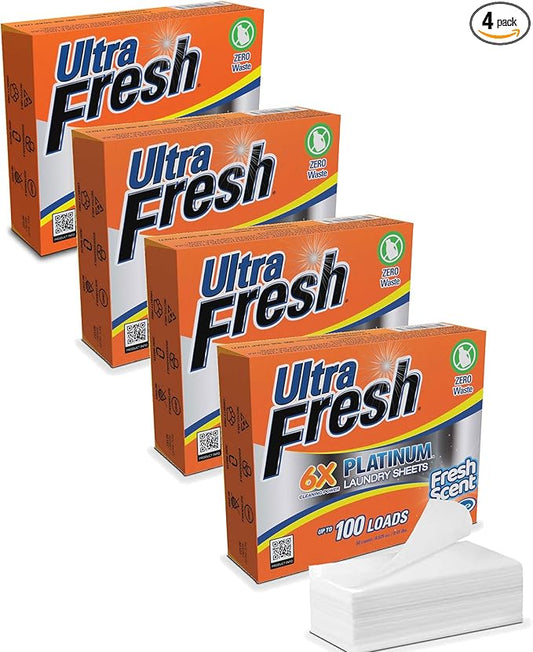 Ultra Fresh Platinum 4 Pack Laundry Soap Detergent Sheets, Ultra Concentrated, Stain Fighting, Fresh Scent, 400 Loads