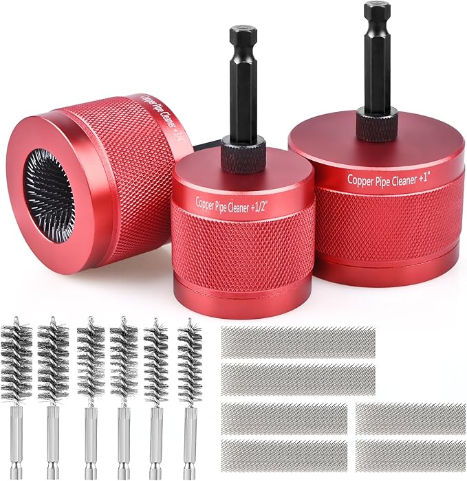 1/2" & 3/4" & 1" Metal Copper Pipe Cleaner for Drill, with 1/4" Hex Shank & 6 Brush Blades & 6 Pipe Cleaning Brushes, Plumbing Tools for Cleaning, Polishing & Removing Rust