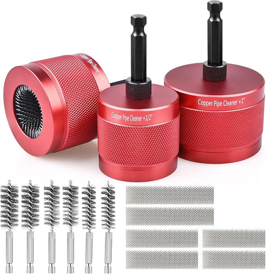 1/2" & 3/4" & 1" Metal Copper Pipe Cleaner for Drill, with 1/4" Hex Shank & 6 Brush Blades & 6 Pipe Cleaning Brushes, Plumbing Tools for Cleaning, Polishing & Removing Rust