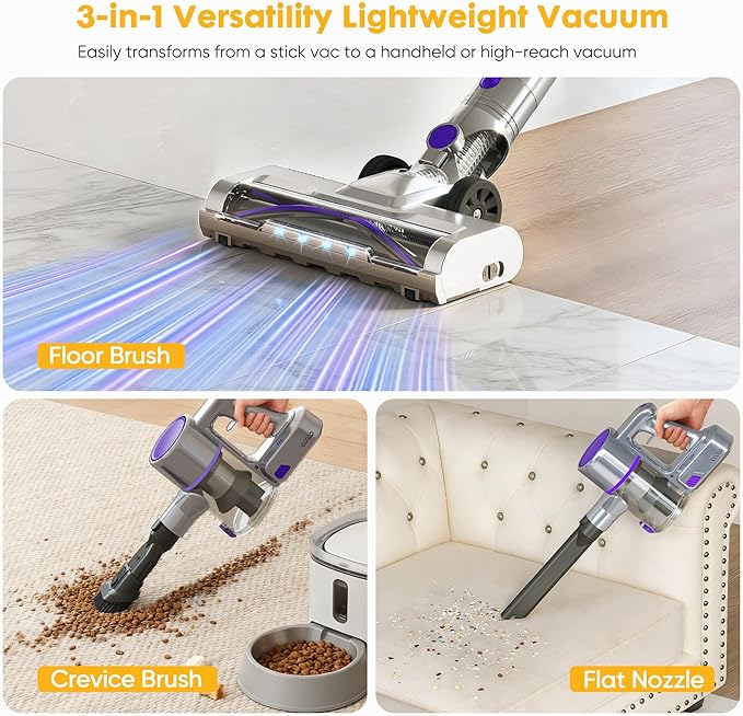 OLIXIS Cordless Vacuum Cleaner with Flexible Steering & Extendable Pole,3 Brush Heads, Lightweight Wireless Rechargeable Upright Vacuum with LED Light & Wall Mount for Hardwood Floors & Carpet