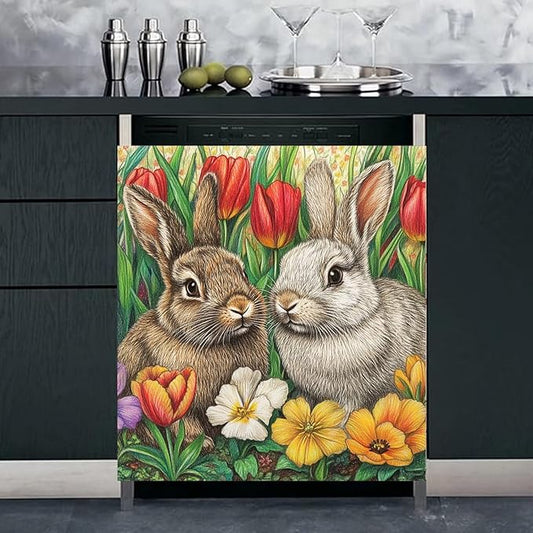 Two Rabbits Dishwasher Panel Decal Magnetic Cover Spring Colorful Flowers Home Appliance Decoration, Easter Bunny Dishwasher Magnet Full Door Cover, Easy Update (23" x 26" Magnetic)