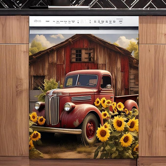 Farm Red Truck Dishwasher Magnet Cover Country Refrigerator Sticker for Kitchen Decor, Farmhouse Sunflower Magnetic Dishwasher Cover Panel, Reusable and Removable (23" W x 26" H Magnetic)