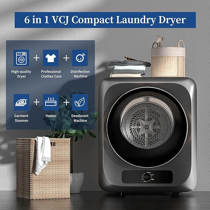 VCJ Portable Clothes Dryer for Apartment, 1.5 Cu.ft Compact Mini Electric Dryer with 5 Drying Modes, Stainless Steel Tub, Simple Knob Control, Dryer Machine for Dorm, RV, Small Space