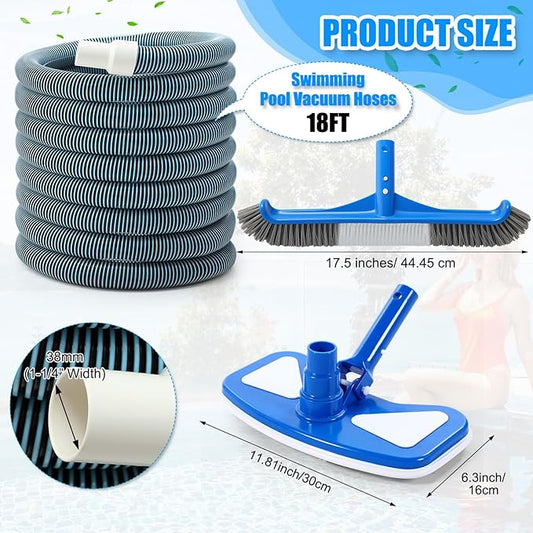 Pool Vacuum Kit Swimming Pool Vacuum Head with 1-1/2" x 30 ft Hoses Flexible Head with Wheels and 14 '' Cleaning Brush for Inground Swimming Supplies (Classic)
