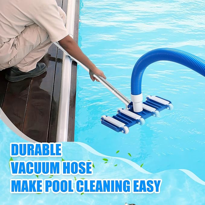 14" Swimming Pool Vacuum Head with 47" Long Pool Pole and 1-1/4" x 18ft Pool Vacuum Hoses Flexible Pool Vacuum Head with Wheels for Inground Pool Cleaning