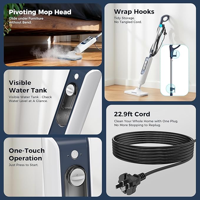 Steam Mop for Hardwood Floors, 11-in-1 Steam Cleaner with Handheld Steamer, 212°F Powerful Multi-Surface Cleaning for Tile, Grout, Carpet & Wall, Fast Heat, 22.9FT Cord, Floor Steam Mop
