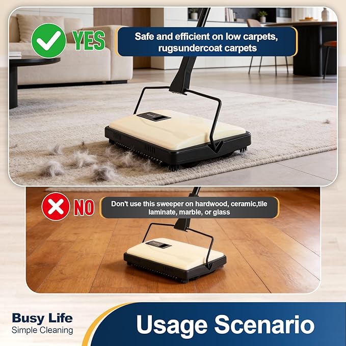Yocada Manual Carpet Sweeper Cleaner Household Sweeper Lightweight Hand Push Non-Electric for Home Office Low&Undercoat Carpets Rugs Pet Hair Dust Scraps Paper Small Rubbish Cleaning 1*Extra Brush