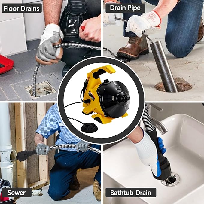 Drain Cleaner Machine 30Ft x 3/10In, Auto-Feed Electric Drain Snake with Foot Switch, Piano Wire Cable for 3/4"–2" Pipes, Sewer Snake for Sinks, Toilets & Floor Drains