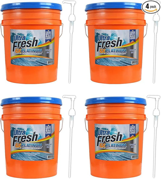 Ultra Fresh 6X Platinum 5 Gallon Laundry Detergent Liquid for All Machine Types with Easy Dispensing Pump, Up to 640 Loads, Mountain Fresh (4 Pack)