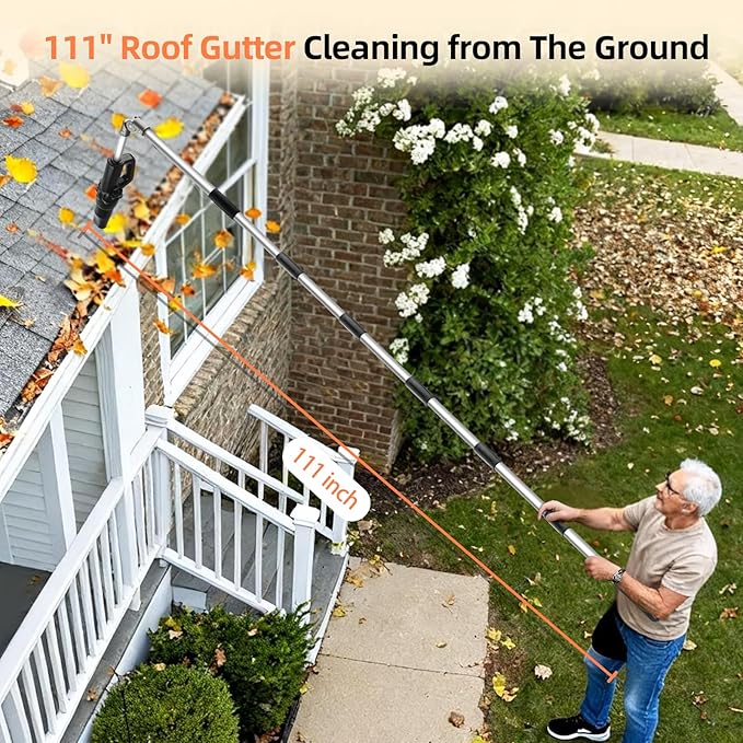 Roof Gutter Cleaning Tools from The Ground, 111" Small Leaf Blower Cordless, Rechargeable Gutter Blower Extension Attachment Kit for Gutters Cleaning, Lightweight Hand Blower Yard (Charger Included)