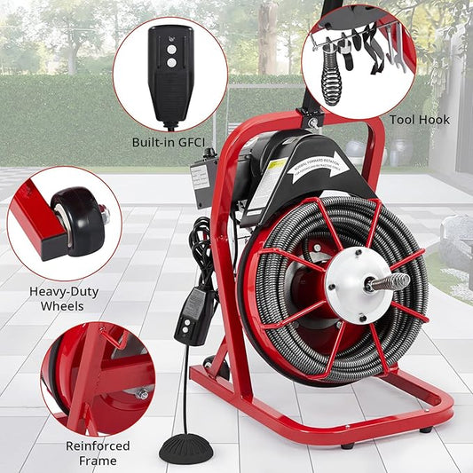 Garvee K-300K 1/2 in 75 ft 1 Red & Black Electric Drain Cleaner Machine - Automatic Auger for 1 to 4 in Pipes, Portable Design, 4 Cutters, Foot Switch Control, and Includes Gloves.