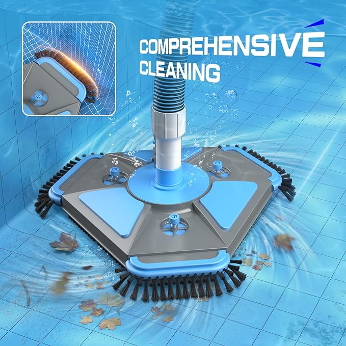 UIRWAY Upgrade Pool Vacuum Head with Side Brush & 360° Swivel Cuff, Heavy Duty Manual Kink-Resistant 1-1/2" x 40 Ft Vacuum Hoses, Weighted Triangular Shape for Inground & Above Ground Pool(No Pole)