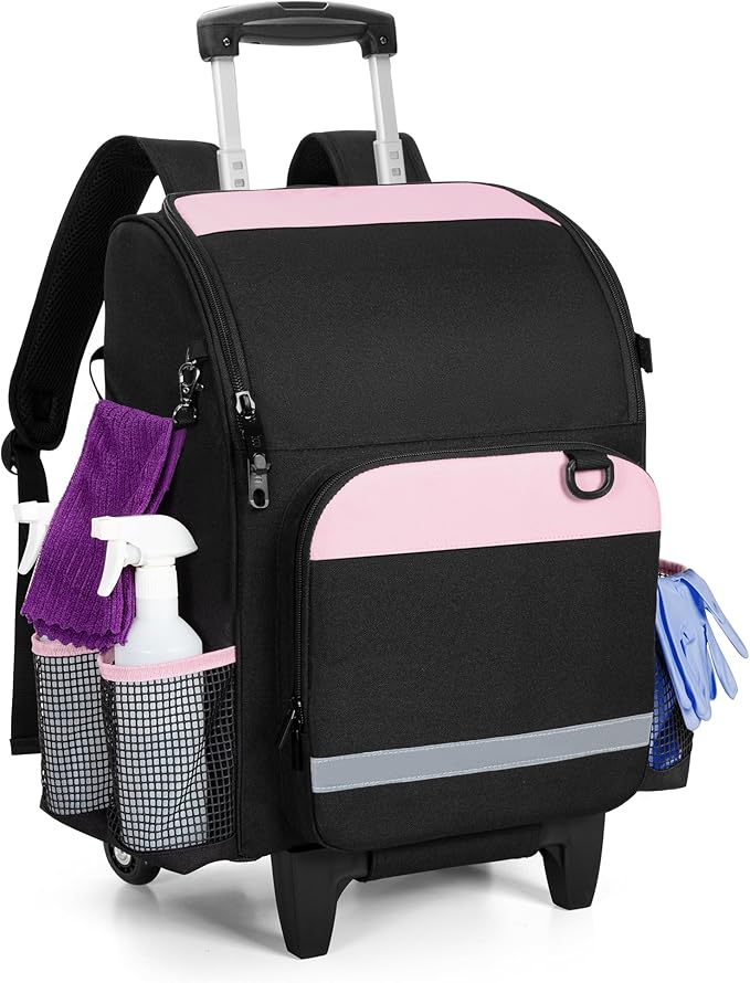 LoDrid Rolling Cleaning Backpack with Detachable Trolley, Professional Cleaning Supply Bag with Wheel, Mobile Cleaning Cart with Handle and Shoulder Strap, Cleaning Bags for House Cleaners, Bag Only