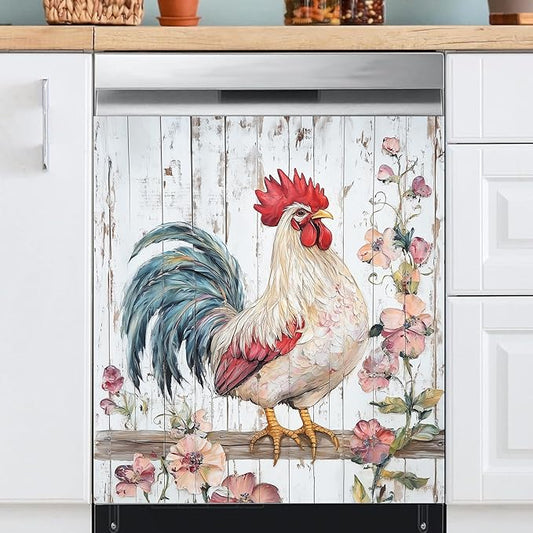 Generic Country Rooster Dishwasher Magnet Cover, Rustic Flowers Magnetic Refrigerator Panel Decals Farmhouse Chicken Floral Decorative Wood Grain Magnet Stickers Home Seasons Decor,23x26 in