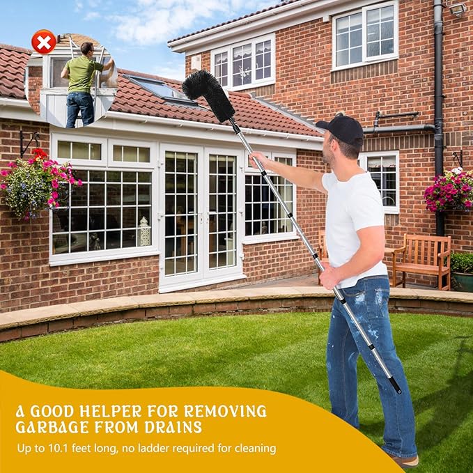Gutter Cleaning Brush Extendable Guard Cleaner Tool with 8 Pcs Telescoping Handle Extension Pole 10ft, Gutter Cleaning Tools from The Ground for Easy Removing Leaves Debris Window Cleaner (Black)