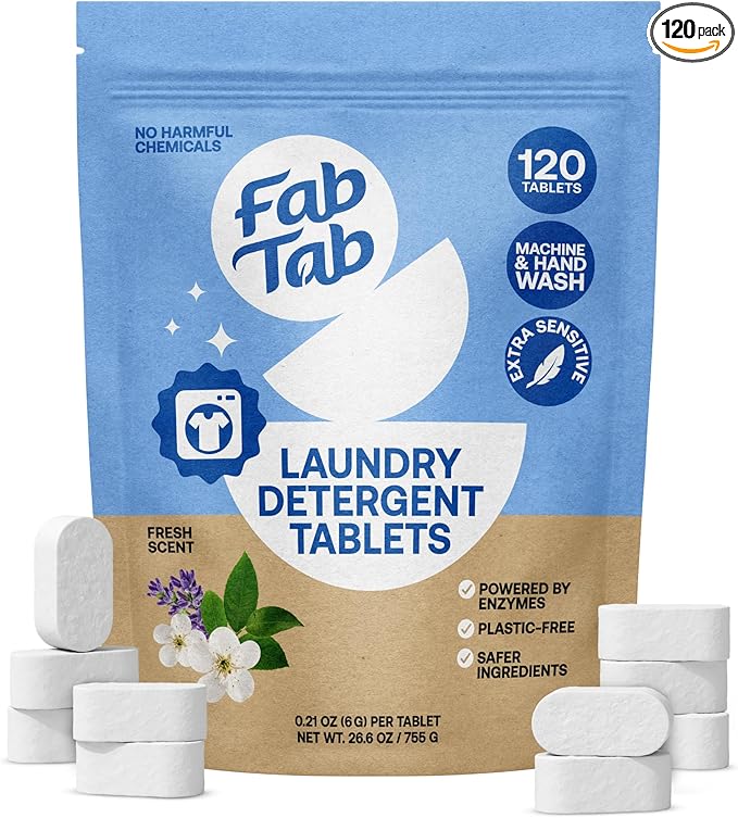 Fab Tab Laundry Detergent Tablets, Clean Ingredients, Sensitive Skin Friendly, Powerful & Gentle Clean, Fresh Scent, Plastic-Free Alternative to Liquids, Laundry Pods and Sheets, 120 Count.