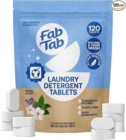 Fab Tab Laundry Detergent Tablets, Clean Ingredients, Sensitive Skin Friendly, Powerful & Gentle Clean, Fresh Scent, Plastic-Free Alternative to Liquids, Laundry Pods and Sheets, 120 Count.
