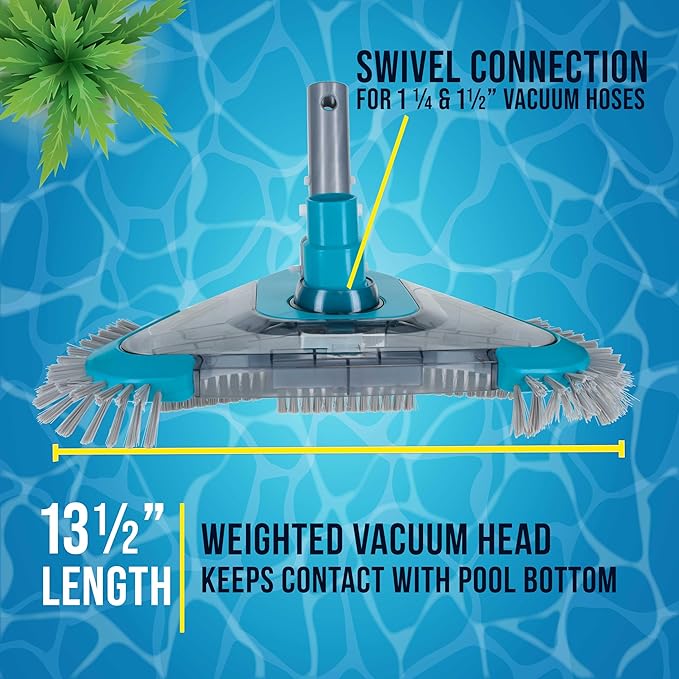 U.S. Pool Supply Premium Triangular Weighted Pool Vacuum Head with Side Brushes, Swivel Connection, EZ Clip Handle - Above Ground & Inground Swimming Pools – Vinyl Liner Floor, Wall, Corner Cleaner