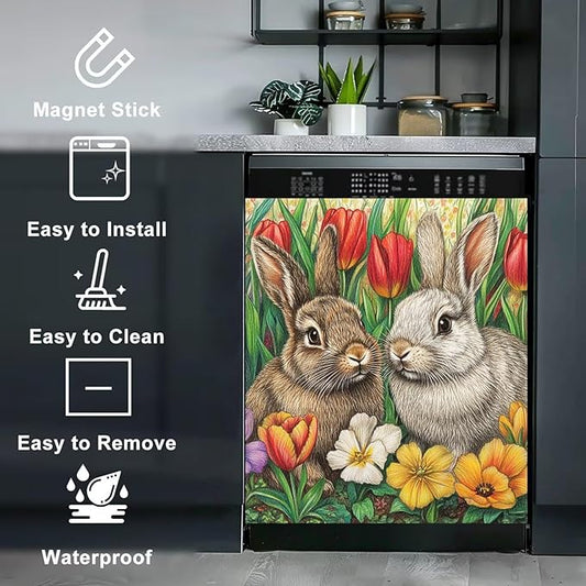 Two Rabbits Dishwasher Panel Decal Magnetic Cover Spring Colorful Flowers Home Appliance Decoration, Easter Bunny Dishwasher Magnet Full Door Cover, Easy Update (23" x 26" Magnetic)