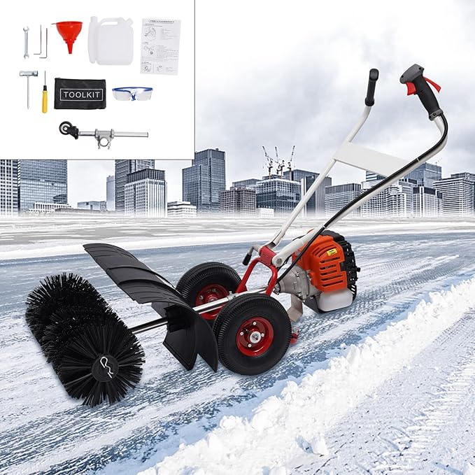 52CC 2.5HP Gas Power Sweeper Walk Behind Broom Driveway Grass Snow Cleaning Tool, 2.5HP Sweeper, for Cleaning Construction Sites, Farms, Streets, Driveways, Parks