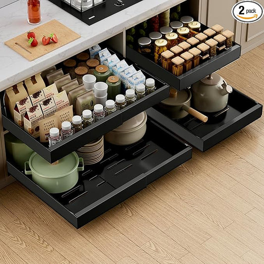 PAKETA 2 Pack Expandable Pull Out Cabinet Organizer, 21'' Deep Pull Out Drawers for Cabinet, Upgrade 3 Slide Rails Sliding Drawer for Cabinets with Adhesive Nano Film (Black, 21"D X 12-20"W)