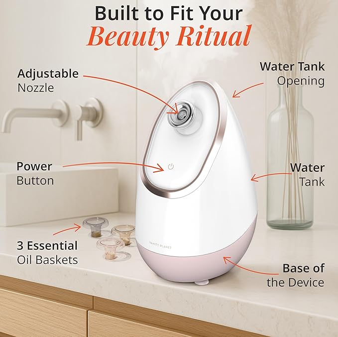 Vanity Planet Aira Ionic Facial Steamer - Face Steamer for Facial Deep Cleaning, Moisturizing - Steamer for Face with Adjustable Nozzle, Water Tank and 3 Essential Oil Baskets (Rose Gold)