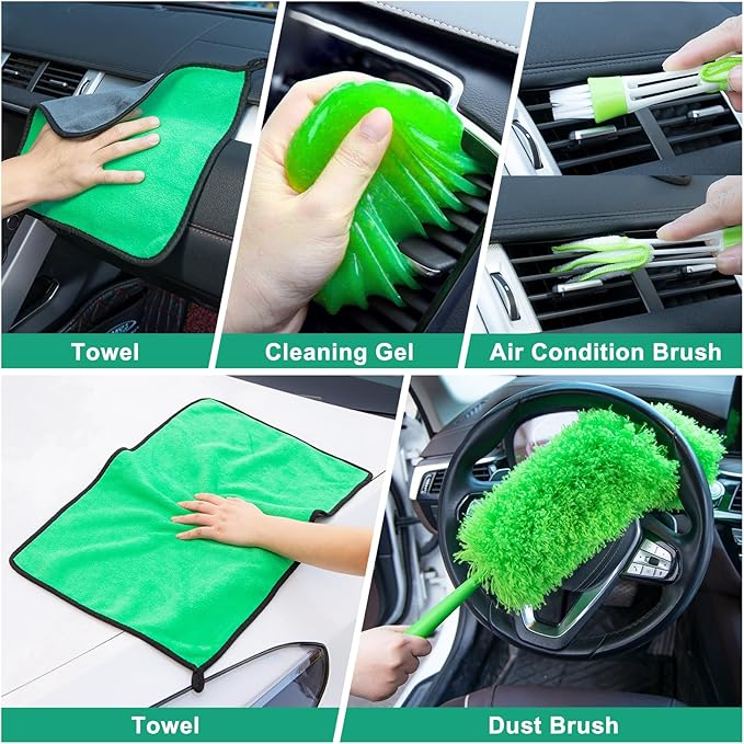 34pcs Car Cleaning Detailing Kit Interior Cleaner -with Portable Vacuum Cleaner, Car Window Windshield Cleaning Tool, Car Detailing Kit for Cars, Trucks, SUVs, Green