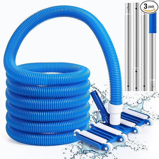 14" Swimming Pool Vacuum Head with 47" Long Pool Pole and 1-1/4" x 18ft Pool Vacuum Hoses Flexible Pool Vacuum Head with Wheels for Inground Pool Cleaning