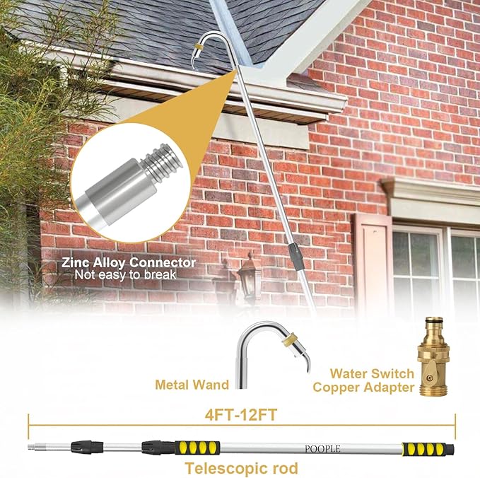 12FT (20ft Reach) Telescopic Gutter Cleaning Tools from The Ground, Rain Gutter Cleaners Tool with Hose Copper Attachment/09