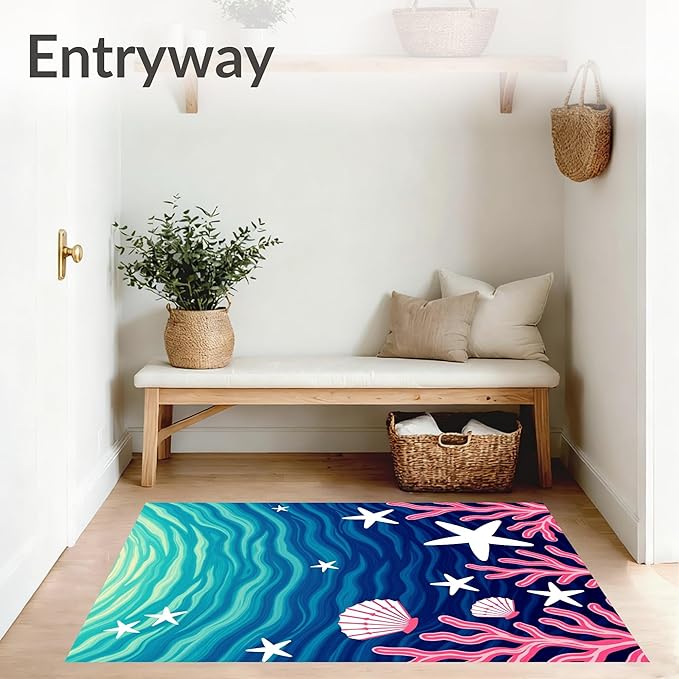Flatwoven High Traffic Area Rug 3x5, Ocean Treasure Marine Life Bathroom Contour Ensemble, Non Slip, Stain Resistant, Washable Area Rugs for Living Room, Bedroom (Blue, 3x5)