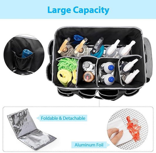 Extra-Large Wearable Cleaning Caddy, Organizer Bag for Products, Housekeeper Tote With Pad, Handle & Divider, Car Wash Tools Bag for Detailing Supplies, Gray Edge