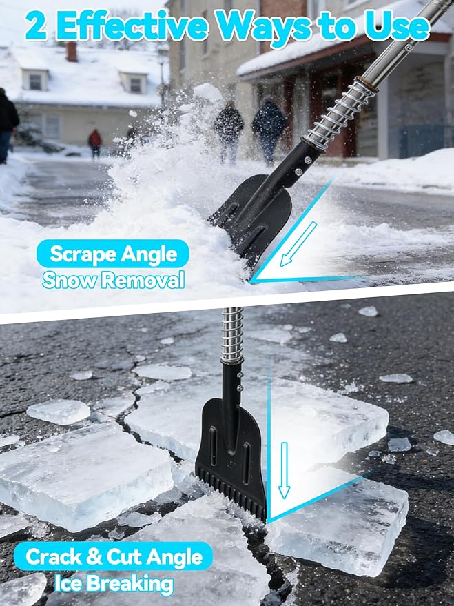 Driveway Ice Scraper, Spring-Loaded Shock-Absorb Ice Chopper for Sidewalk, Heavy Duty Ice Breaker Tool with 66" Long Handle, Serrated Blade for Cut Ice, Snow Removal, Floor Cleaning, Stainless Steel