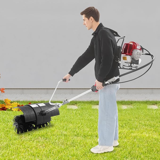 52CC 2 Stroke Gas Powered Backpack Broom Sweeper, 2.3HP 1700W Portable Handheld Gasoline Engine Snow Sweeping Broom Cleaner Tools with Goggles,for Cleaning Driveway Turf Lawns Artificial Grass
