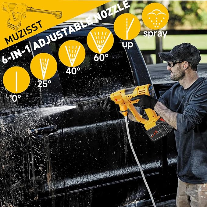 Cordless Car Washer, Portable Cleaning Tool with 6-in-1 Nozzle, 10-Speed Adjustment, Battery Level Display, Self-Priming System for Car, Garden, Patio & Floor Cleaning