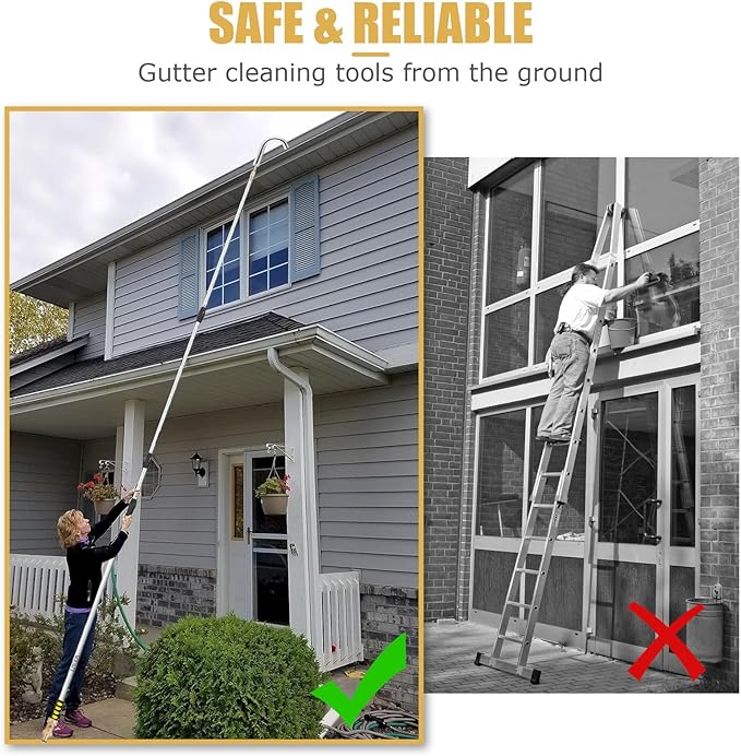 Gutter Cleaning Tools from Ground, 16FT Telescoping Pole (24FT Reach) - Heavy-Duty Zinc Alloy Head, 360° Spray Nozzle & Leak-Proof Kit/11