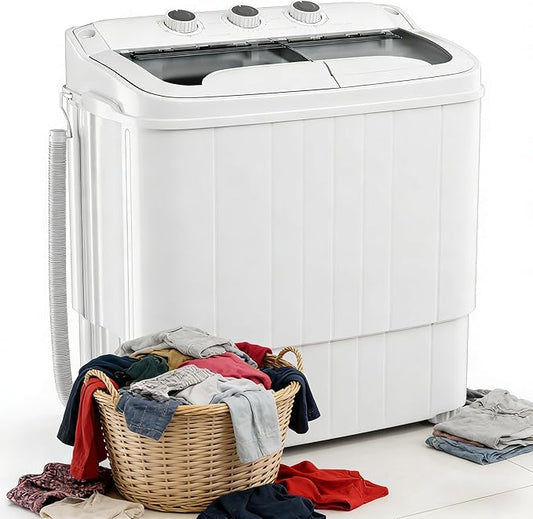 SUNCROWN Portable Washing Machine 17.6lbs, Compact Twin Tub Semi Automatic Washer, Energy-Saving Mini Laundry Combo with Extended Drain Hose & Pump for Apartments, RV, Dorms, White & Grey