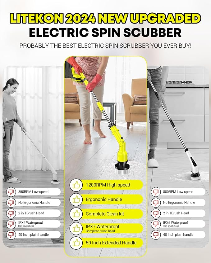 Electric Spin Scrubber with 3+ Hour Long Lasting Battery, 1000W/1200RPM High Power Cordless Clean Brush with 50IN Adjustable Long Handle, 4 Replacement Head for Bath/Tub/Tile/Floor, RyobiGreen