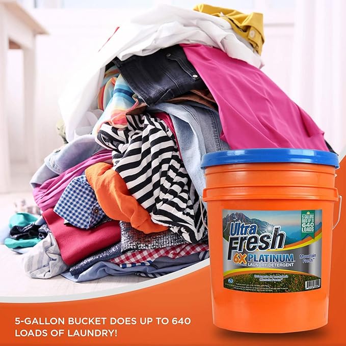 Ultra Fresh 6X Platinum 5 Gallon Laundry Detergent Liquid for All Machine Types with Easy Dispensing Pump, Up to 640 Loads, Mountain Fresh (2 Pack)