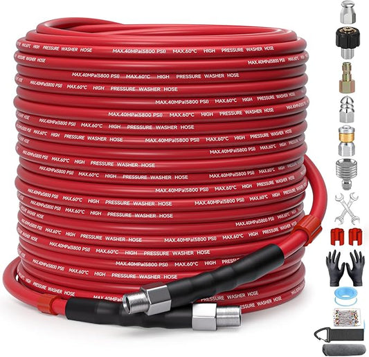 Sewer Jetter Kit for Pressure Washer – 150ft Water Jet Drain Cleaning Hose 5800PSI 1/4 Inch NPT Corner with Sewer Cleaning Tool High Pressure Nozzles and Spanner Waterproof Tape
