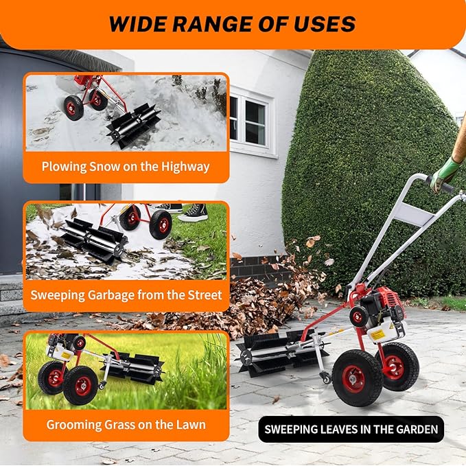43CC Gas Powered Sweeper, Handheld Power Broom Sweeper Walk Behind Push Lawn Sweeper Driveway Walkway Cleaning Driveway Machine Portable Artificial Grass Brush Power Broom