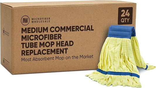 Bulk Commercial Mop Head Replacement (24 Count) - Medium Microfiber Tube Mop (14 oz.) | Industrial Wet Mops | Refill, Machine Washable, Heavy Duty | Hardwood, Tile, Laminate, Vinyl Floors (Yellow)