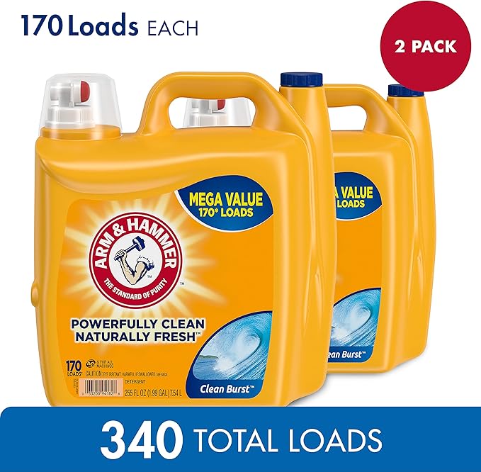 Arm & Hammer Liquid Laundry Detergent, Clean Burst, 170 Loads, 255 Fl Oz (2 pack)