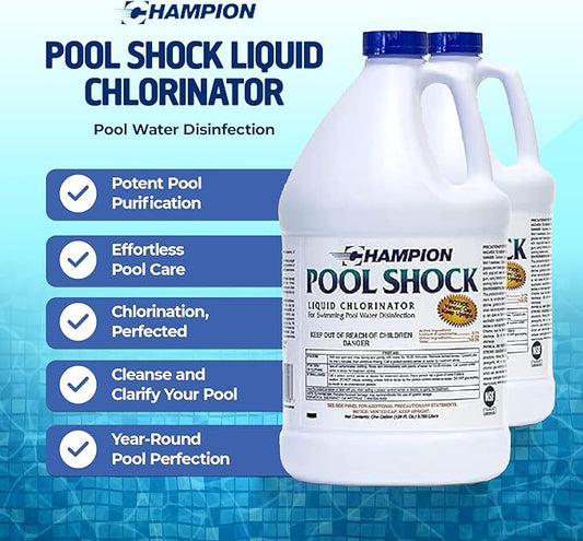Champion 2-Pack Pool Shock, 12.5 Liquid Chlorinator for Swimming Pools, 1 Gallon Each - Fast-Acting Sodium Hypochlorite Sanitizer, Ready to Use, Non-Staining, Non-Scaling, Commercial Grade