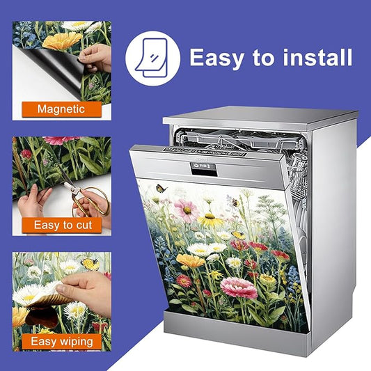 Dishwasher Magnet Cover 23x26 in Wildflower and Butterfly Scene Dishwasher Magnet Cover for Kitchen Appliance Decoration Front Panel Sticker Rustic Art Skin Panel Home Decor Decal