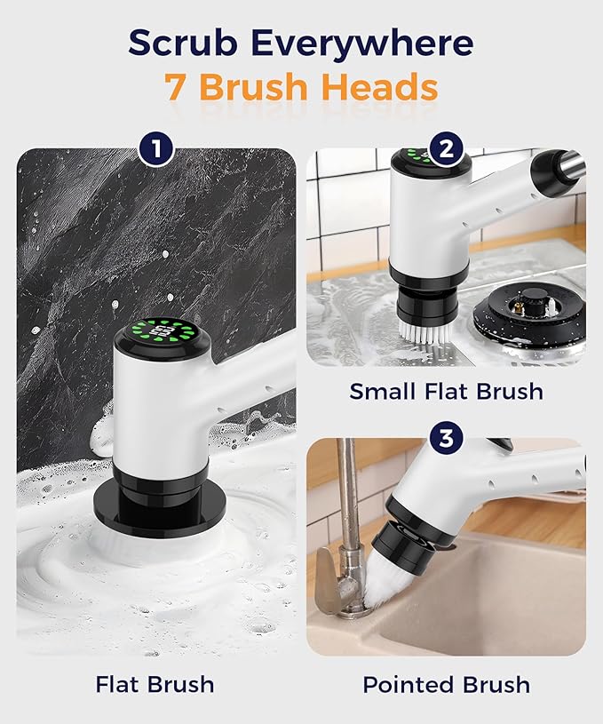 Electric Spin Scrubber, Cordless Cleaning Brush with 7 Replaceable Brush Heads, 2-Speed Adjustable Handle Shower Scrubber, IPX7 Waterproof for Bathroom, Tub, Tile & Floor, Teens, White-qe2...