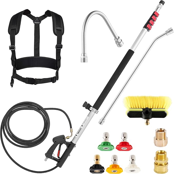 M MINGLE 20 FT Telescoping Pressure Washer Wand with Gutter Cleaner, Brush Head, 5 Nozzle Tips, and Hose Adapters for House Exterior, Window & Roof Cleaning