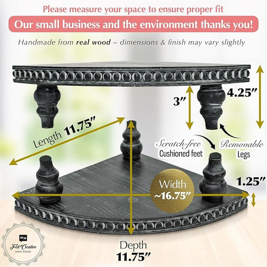 Corner Pedestal Stand Rustic Decor Riser for Display - Farmhouse Wood Rounded Beaded Tray for Kitchen and Bathroom Countertop Organizer, Coffee Bar, Plant Stand with Removable Feet (Rustic Black)